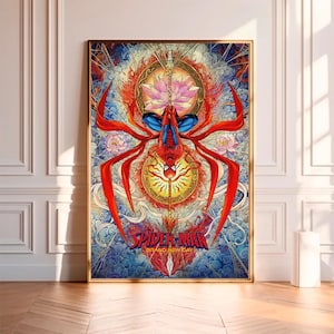 May include: A vertical wall art print featuring a red and blue Spider-Man figure hanging upside down from a central vertical spear. The background displays a vibrant lotus flower, a golden sun-like circular emblem, and swirling blue clouds.