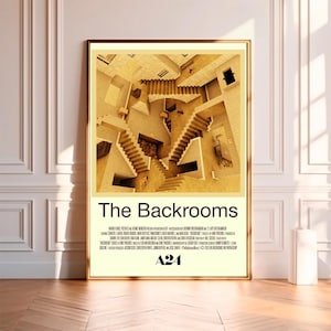 Peut inclure: Une affiche rectangulaire intitulée The Backrooms présentant une illustration dans les tons beiges d'un espace architectural rappelant Escher avec de multiples escaliers et niveaux. Le texte inclut les crédits et le logo A24.