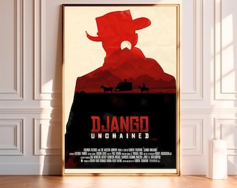 Op de afbeelding: Een minimalistische poster met een rood silhouet van een cowboy met een hoed die op een paard rijdt. De poster heeft de titel "Django Unchained" in zwarte tekst.