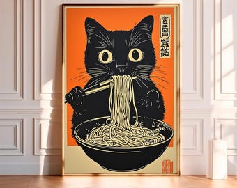 Vintage Cat Eating Ramen Poster: Funny Japanese Art Print (digital ...