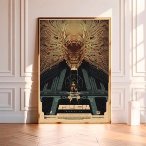 May include: A retro-style poster for the film "Alien" featuring a close-up of the alien creature with a dripping mouth and a human figure in the background. The poster is in shades of brown, yellow, and green.