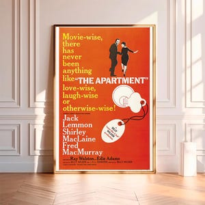 May include: A vintage movie poster for the film "The Apartment" starring Jack Lemmon and Shirley MacLaine. The poster features a red background with a keyhole and a tagline that reads "Movie-wise, there has never been anything like "The Apartment" love-wise, laugh-wise or otherwise-wise!"