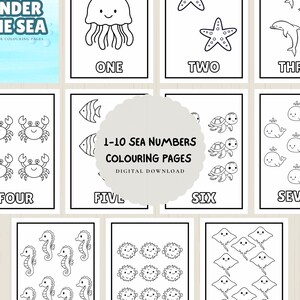 May include: A set of ten black and white coloring pages featuring sea creatures and numbers from one to ten. Each page displays a specific number of animals, including jellyfish, starfish, dolphins, crabs, fish, turtles, whales, seahorses, pufferfish, and stingrays, with the corresponding number written below.