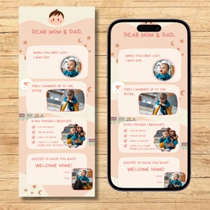 Welcome Home Mama en papa Oppas-wenskaart Notitie voor babysitter Checklist Nanny Oppasservice Notitie van babysitter van baby bewerkbaar
