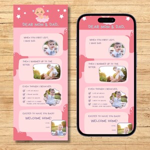 Bienvenue à la maison Maman et papa Garde d'enfants Carte de voeux Note de baby-sitter Liste de contrôle pour nounou Service de garde d'enfants Note de baby-sitter de bébé Modifiable