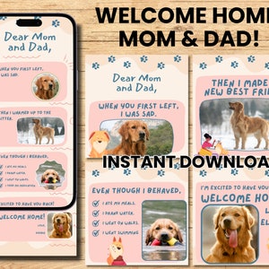 ママとパパへのおかえりなさい 犬のグリーティングカード ペットシッターのケア 犬のシッティングチェックリスト 犬の散歩サービス ペットシッターからのメッセージカード 犬からのメッセージ 編集可能