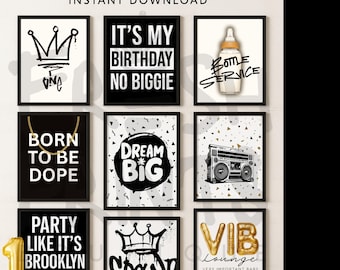 May include: A collection of downloadable prints with black frames. The prints feature various designs, including crowns, text like "It's My Birthday No Biggie," and a boombox illustration. The overall theme is modern and urban.