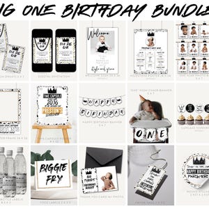 以下が含まれることがあります： 1歳の誕生日パーティー用の白黒の印刷可能なパーティーセットです。セットには、招待状、ウェルカムサイン、マイルストーンポスター、フォトバナー、ハイチェアバナー、カップケーキトッパー、タイムカプセルポスター、ハッピーバースデーバナー、ウォーターボトルラベル、フードラベル、サンキューカード、ギフトタグ、丸いステッカーなど、さまざまなアイテムが含まれています。アイテムのテキストには、「The Big One」、「Time Capsule 2036」、「Preston's Sixteenth」、「Happy Birthday」、「Biggie Fry」、「Happy Birthday Parker」、「One」が含まれています。