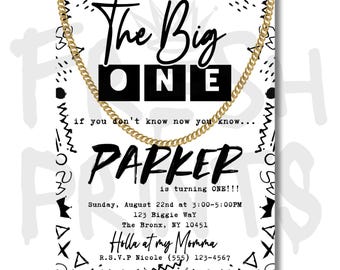 The BIG ONE Chain first birthday invitation rap hip hop digital download black and white
