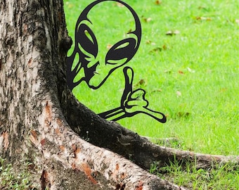 Alien Metal Sign, Peek-a-Boo UFO Art, Indoor Outdoor Decor
