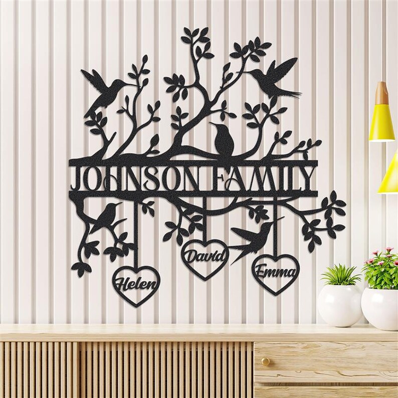Personalized Family Tree Metal Wall Art, Custom Names & Hanging Hearts ...