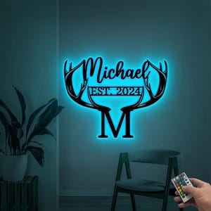 Custom Hunting Metal Wall Art Led Light, Deer Antler Sign, Hunter Name Sign, Cabin Decor, Home Decor, Xmas Gift for Dad