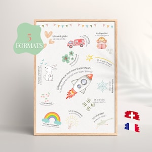 Cartel bilingüe de afirmaciones positivas, afirmaciones francesas suizo-alemanas, arte de pared motivacional, decoración de guardería y sala de juegos, cartel Montessori