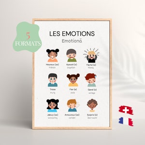 Affiche Émotions bilingue, Émotions suisse-allemand & français, Décoration artistique bilingue chambre enfant, Art mural, Affiche Montessori