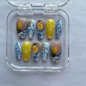 Upgrade Security Handmade Chinoiserie Lemon Press-On Nails | Blue Porcelain Floral & 3D Citrus Nail Art | Medium Coffin Shape Reusable