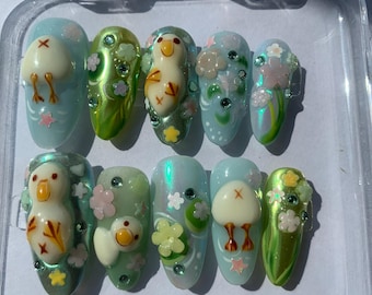 3D Chick & Flower Press-On Nails: Pastel Kawaii Nail Art