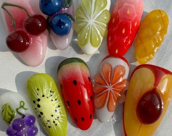 Handmade 3D Fruit Press On Nails: Berry Bliss Almond Nails