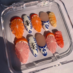 3D Orange Citrus Press On Nails: Chinoiserie Summer Nail Set