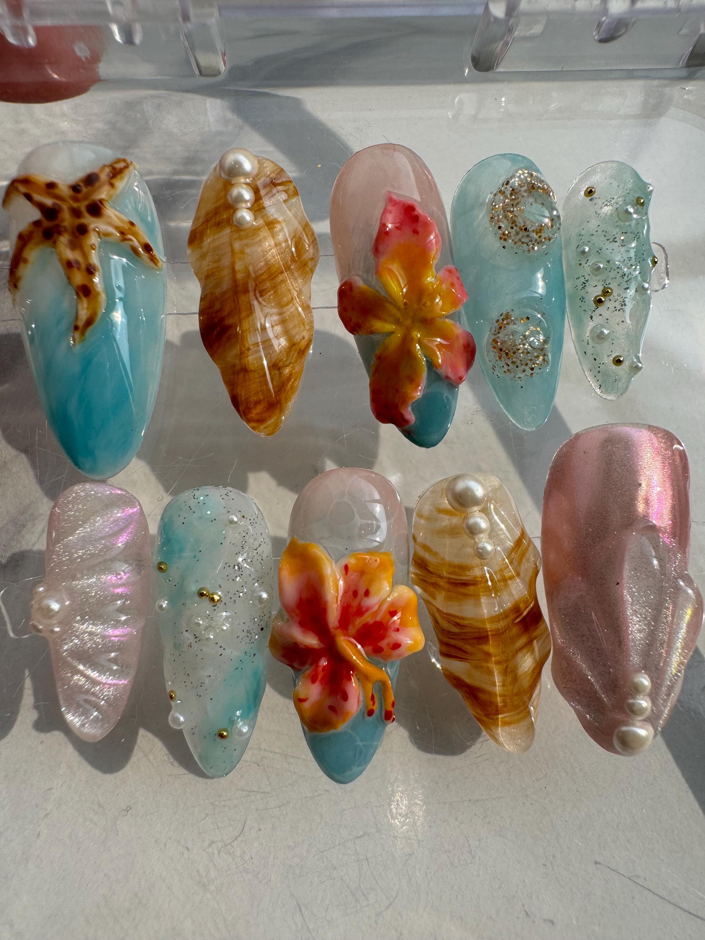 Ocean-Themed Almond Press-On Nails: 3D Seashell & Flower Nail Art