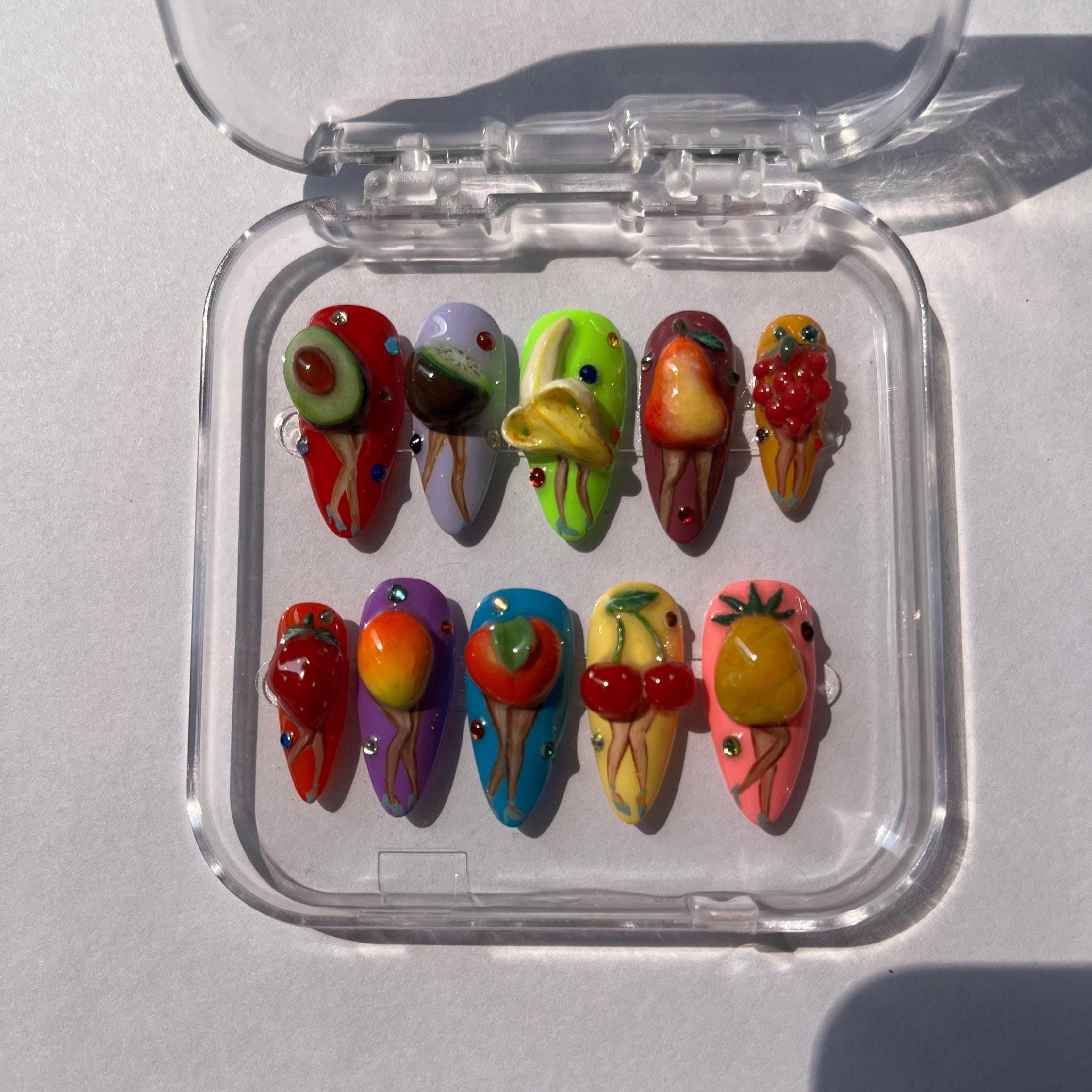 3D Fruit Press-On Nails: Handmade Tropical Nail Art Set with Rhinestones
