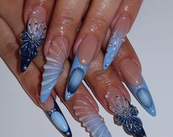 Handmade Light Blue Stiletto Press On Nails: Floral Nail Art Set