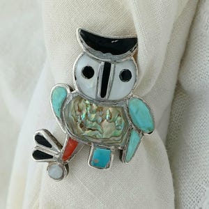 Vintage Zuni Indian Silver Inlay Ring - Owl - Abalone Turquose Coral Jet - Sz 5.5