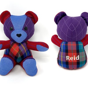 Keepsake Memory Bear custom made from baby clothes, adult clothing NAME