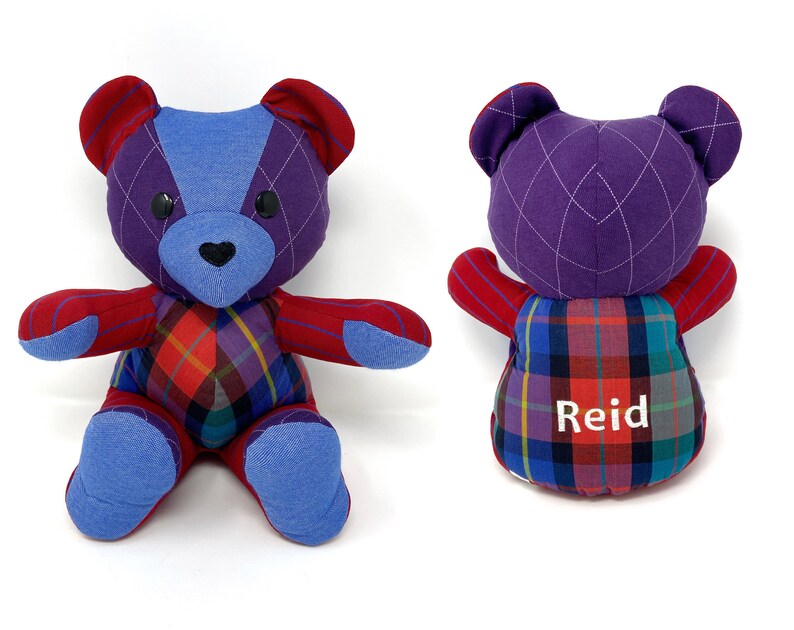 Keepsake Memory Bear custom made from baby clothes, adult clothing NAME