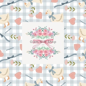May include: A repeating pattern featuring cartoon geese with blue bows, pink hearts, and floral accents on a light blue and white checkered background. The image includes the text "Glam Gift Shop" in a floral design.