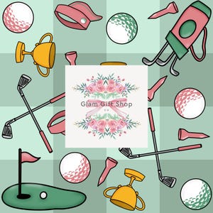 May include: A repeating pattern of golf-themed illustrations on a light green checkered background. The design includes golf balls, clubs, tees, a visor, a golf bag, a trophy, and a putting green. The center features a floral design with the text "Glam Gift Shop".