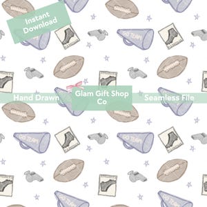 May include: A seamless pattern featuring hand-drawn illustrations of footballs, whistles, megaphones with "GO TEAM" text, and star shapes. The design also includes images of a shoe with "US POSTAGE" text. The words "Instant Download" and "Seamless File" are also present.