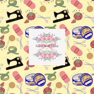 May include: A repeating pattern of sewing equipment on a yellow background. The design includes black sewing machines, pink wool, red tomato pin cushions, scissors, measuring tape, and cookie tins. The center features the text "Glam Gift Shop" surrounded by pink roses.