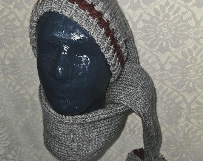 137- long stocking hat heather grey with clarinet accent pom pom 46"