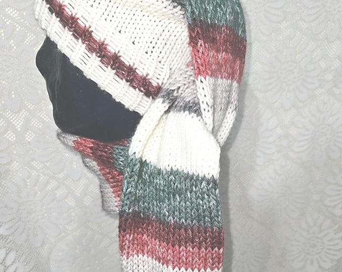 116-Long stocking hat Ivory with yuletide and fur pom pom