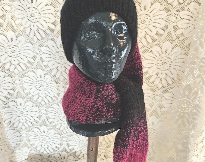 143-Long Stocking Hat: Black & HotPink Knit Tassel Beanie