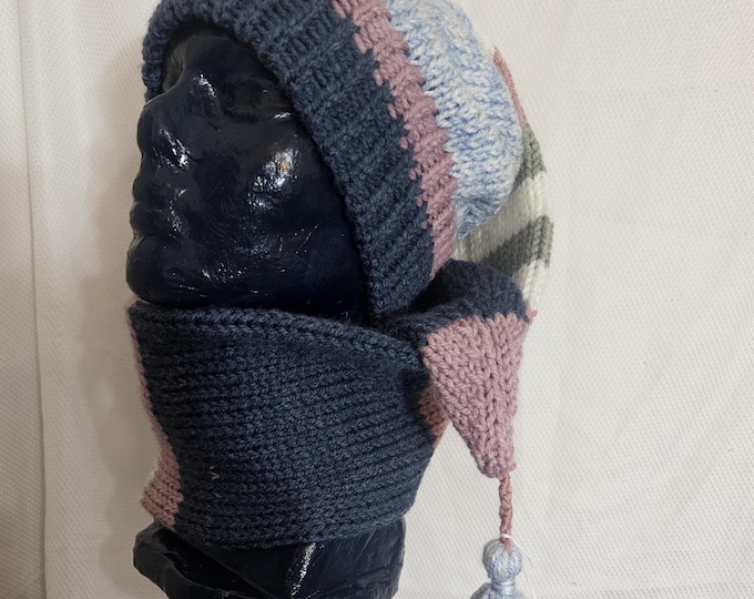 132-long stocking hat pink, white and blue with matching tassel length 40"