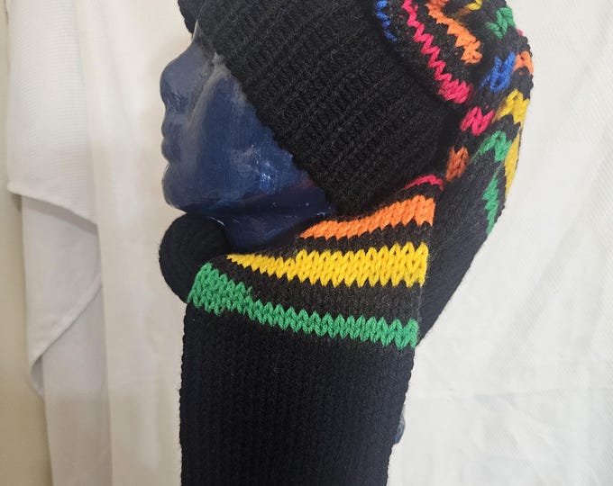 117-Black with primary stripe stocking hat with tassel