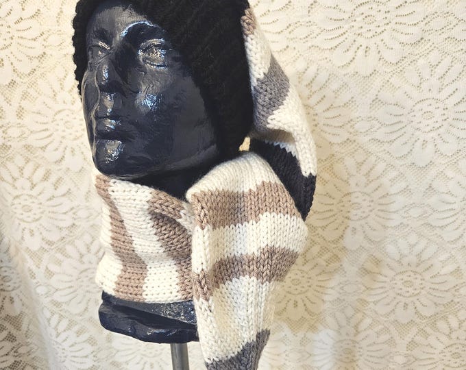 119-Long stocking hat Black with heirloom (tan, grey, black and cream) matching tassel