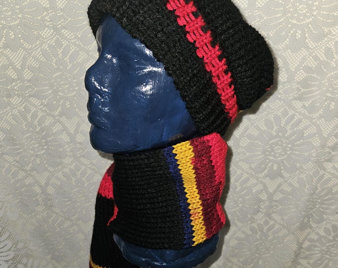 148-Long stocking hat Black with Black moody cherry noir matching tassel 53"