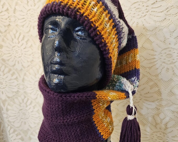 146-long stocking hat Dark orchard and mixed colors with matching tassel