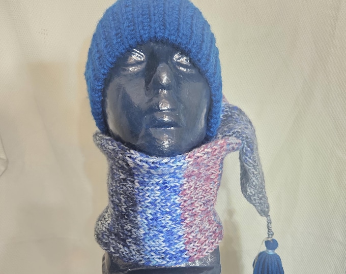 105-Peacock blue and galaxy extra-long knit stocking hat with matching tassel 42"