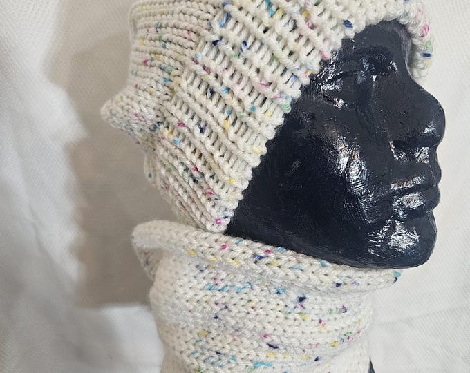 122-Long Knit Stocking Hat: White with fruit salad Acrylic Tassel Cap
