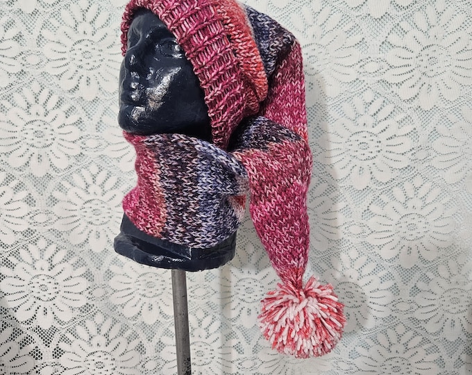 101-Extra-long stocking hat Lovebug Red and Purple tones 45" with matching pompom