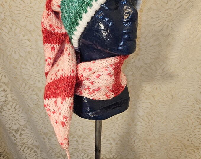 163-ugly long stocking hat kit Juniper green with peppermint ribbon 44" matching tassel kit