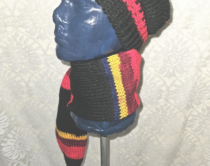 148-Long stocking hat Black with Black moody cherry noir matching tassel 53"