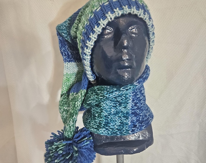 112-Blue Suede with seaweed long stocking hat with matching tassel