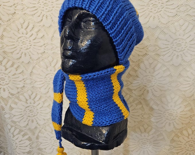 166-long stocking hat Blue and gold with matching tassel 42"
