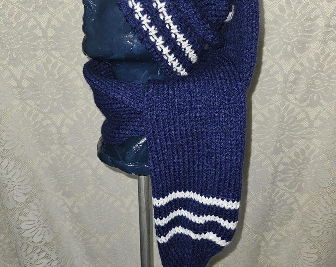 168-Navy blue with white design matching pom pom length 55"