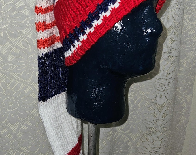 175-Long stocking hat Deep red with Americana and navy blue