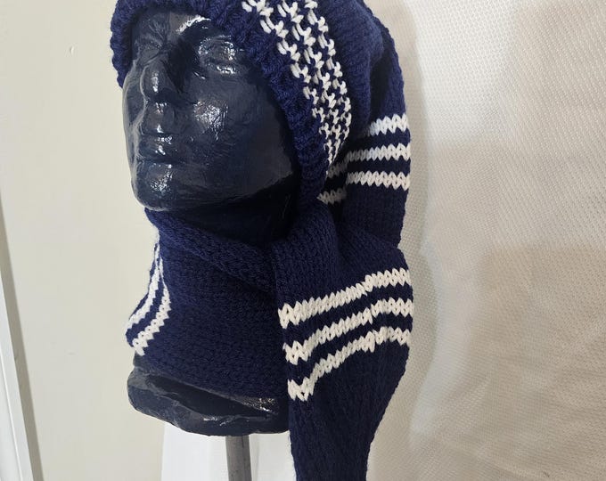 113- Navy Blue long stocking hat with fur pom pom